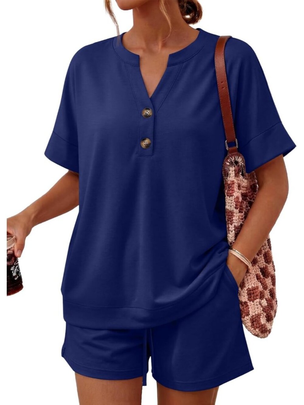 Women's Navy Blue 2 Piece Lounge Sets Oversized Henley Top & Shorts Soft Rayon